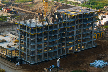Construction of modern high-rise residential buildings. . High quality photo