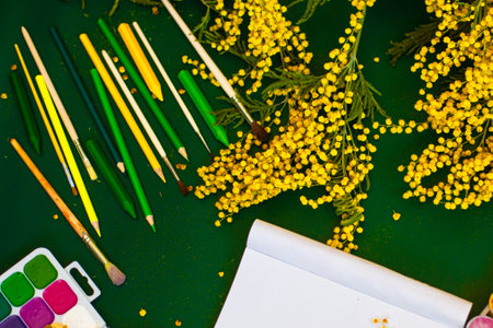 Tulips with watercolor blank paper and colored pencils. High quality photoの写真素材