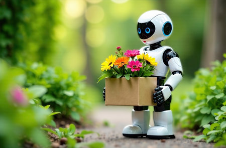 A robot is holding a box of flowers. The robot is white and has blue eyes. The flowers are pink and yellow. The scene is set in a park with green grass and bushesの素材