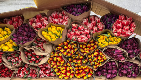 There are many different multi-colored tulips on the shelves of retail outlets. High quality photo