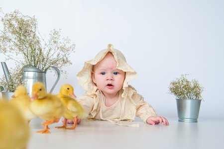 Cute child with little newborn chicks, enjoying, cute kid and animal friend. High quality 4k footageの写真素材