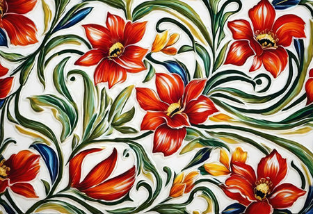 A colorful floral design with red flowers and green leaves. The flowers are arranged in a way that creates a sense of movement and flow. Scene is cheerful and vibrantの素材