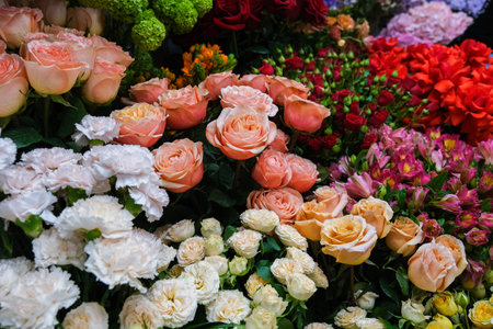 A bouquet of flowers with a variety of colors including white, pink, orange, and redの写真素材