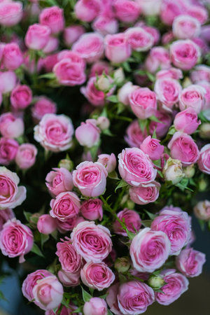 A bouquet of pink roses is displayed in a vase. The flowers are arranged in a way that creates a sense of depth and dimension, with some roses appearing to be closer to the viewerの写真素材