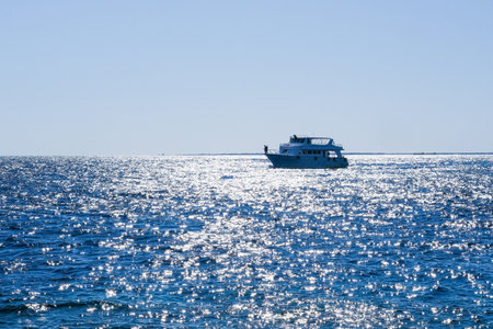 Ferry in the sea on a sunny day. Small passenger ship.