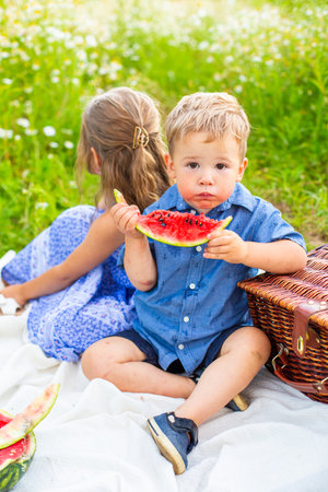 moscow, russia, 07/30/2020 A young Caucasian boy with blond hair eats watermelon while sitting on a picnic blanket. A girl with brown hair sits nearby, both in a grassy field.の写真素材