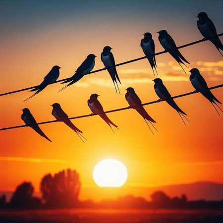 A group of birds are perched on a wire, with the sun setting in the backgroundの素材