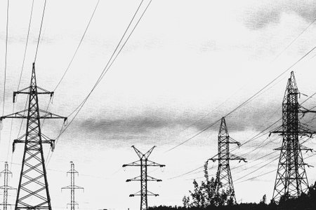 Moscow, Russia, 08.18.2025 Multiple high voltage power lines and transmission towers against a clear sky, conveying energy distribution and infrastructure.の写真素材