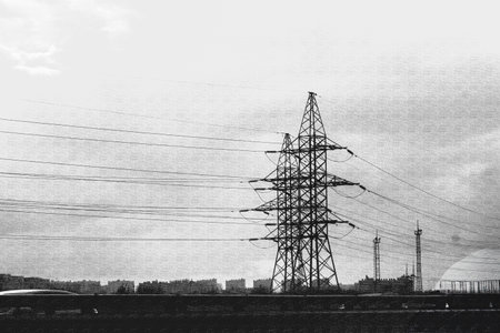 Power lines and high voltage electricity pylon distributing energy. Industrial landscape with electric grid infrastructure in black and white.の写真素材