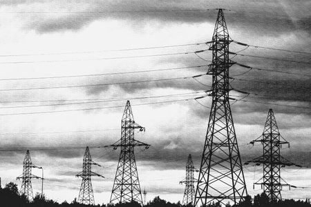 Moscow, Russia, 08/18/2025 High voltage electrical power pylons on a cloudy day conveying global energy development and electric grid infrastructure.の写真素材