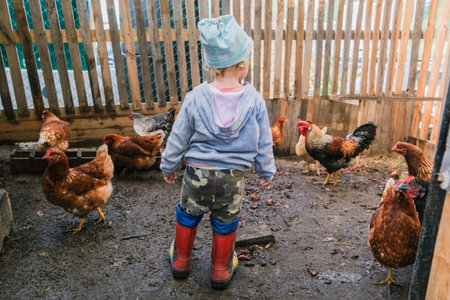 Little girl in chicken coop looking at chickensの写真素材