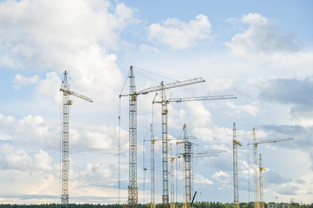 Numerous construction cranes extending into the sky over a forest, symbolizing development and urban expansion. Building industry concept.の写真素材