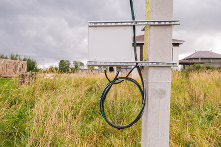 Electrical box with wire connection installed on concrete pole. Power supply for a rural area or...