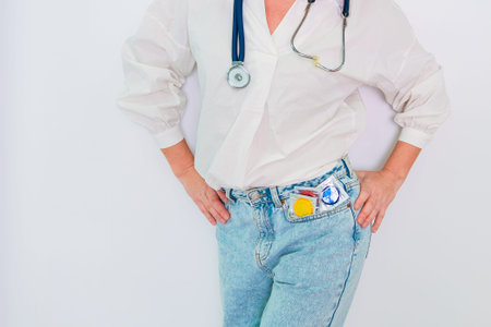 From the pocket of the jeans you can see a colored condom, a place for the text. High quality photo