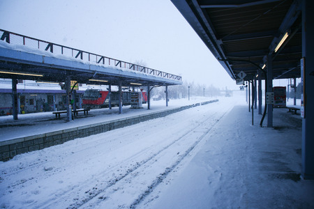 Landscape view of a train station in Otaru covered in snowのeditorial素材