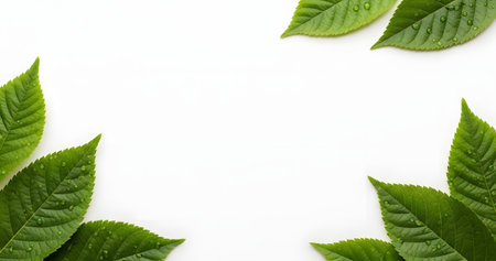 Fresh green leaves arranged in the corners of a white background, creating a natural frame with copy space in the center.の素材