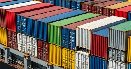 Aerial view of multicolored intermodal cargo containers stacked in rows at a busy shipping terminal, representing global trade and logistics.の素材