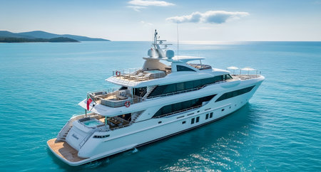 A stunning white yacht glides across a vibrant turquoise ocean. The vessel boasts a modern design and spacious deck areas. Perfect for a luxurious getaway.の素材