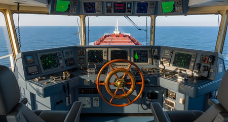 Close up view of a ship's bridge. Modern navigation equipment and controls are visible. The ship is underway, with the open ocean visible through the windows.の素材