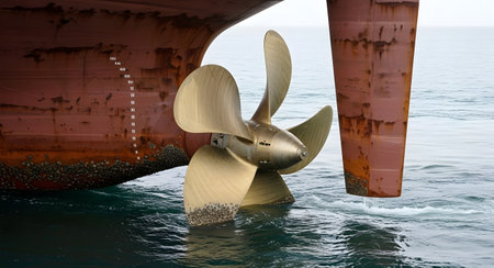 Close-up view of a large ship propeller submerged in water, showing detail of the blades and the surrounding hull.の素材