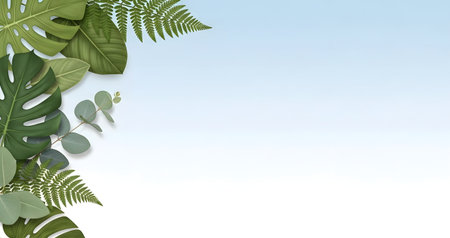 A vibrant border design featuring various tropical leaves, ferns, and greenery against a light blue background. Perfect for invitations, posters, or social media posts.の素材