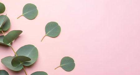 A minimalist composition featuring fresh eucalyptus leaves artfully arranged on a smooth light pink surface creating a serene natural aestheticの素材