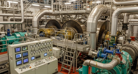 Detailed view of a modern industrial engine room featuring complex machinery, extensive piping, and advanced control panels showcasing engineering and technology.の素材