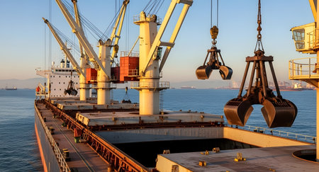A large cargo ship is being loaded with cargo using large cranes at a port. The ship is in the water and the cranes are on the dock.の素材