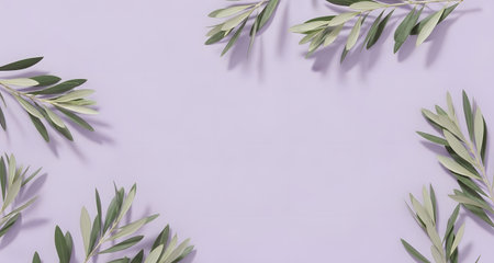 Flatlay image of olive branches arranged to create a frame on a light purple background. Perfect for minimalist designs.の素材