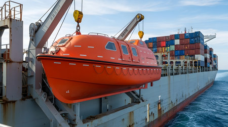 An orange lifeboat is suspended by cranes, being lowered from the side of a large cargo ship on a clear day at sea, with containers visible on deck.の素材