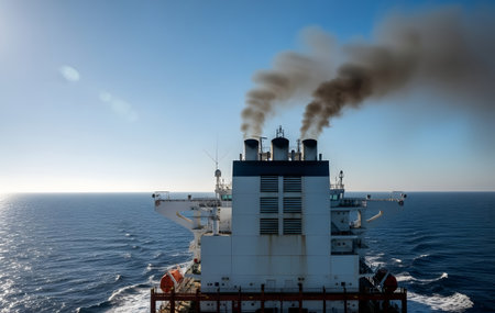 View from a large vessel showing smokestacks billowing dark exhaust fumes into a clear blue sky over the open ocean, highlighting maritime transport air pollution.の素材