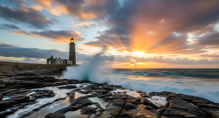 A stunning photograph of a lighthouse standing tall against a vibrant sunset, with waves crashing on the rocky shore.の素材