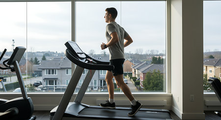 A fit young man enjoys a cardio workout on a treadmill in a bright gym, with a panoramic view of the urban landscape outside.の素材
