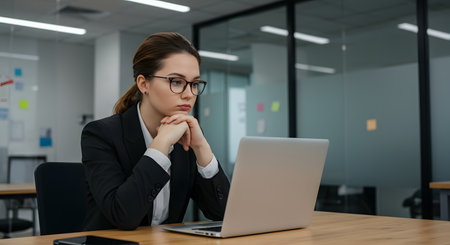 A pensive caucasian woman in a business suit and eyeglasses sits at her desk, looking seriously at her laptop screen in a contemporary corporate workspace, deep in thought.の素材
