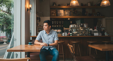 A man is sitting at a wooden table in a cafe, looking out the window. The cafe has a bar in the background.の素材