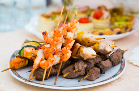 Kebab. Delicacies and snacks in the buffet. Seafood. A gala reception. Banquet. Catering.の写真素材