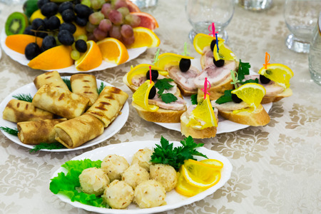 Snacks and fruit Banquet. Buffet, catering. Corporate event.の写真素材