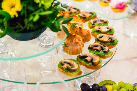 Catering. Delicacies on the buffet. Sandwiches with mushrooms. Served table.の写真素材