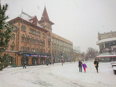 Saratov State Conservatoire. Was opened in 1912. Russia. Winter day. Snowfall.のeditorial素材