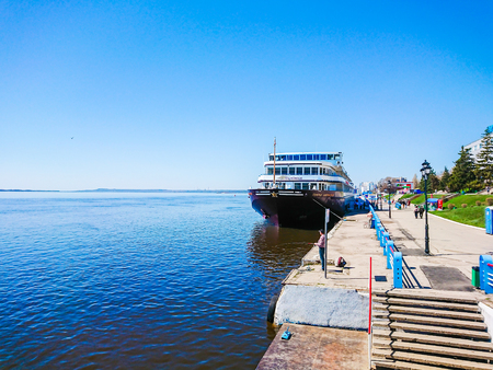 Saratov / Russia - May 2, 2018: Four-deck ship "General Lavrinenkov" at the pier in the city of Saratov. Volga river.のeditorial素材
