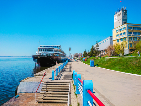 Saratov / Russia - May 2, 2018: Four-deck ship "General Lavrinenkov" at the pier in the city of Saratov. Volga river.のeditorial素材