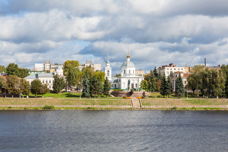 Left Bank of the Volga river in Tver, Russia. Resurrection Church (Church of the resurrection of Christ, the Church of the three Confessors). Monument to Afanasy Nikitin, opened in 1955.の写真素材
