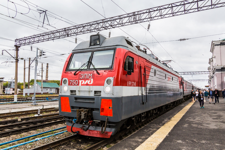 Michurinsk, Tambov region / Russia-September 9, 2018: Electric locomotive at the railway stationのeditorial素材