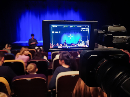 LCD display on digital camcorder. Children before the show.の写真素材