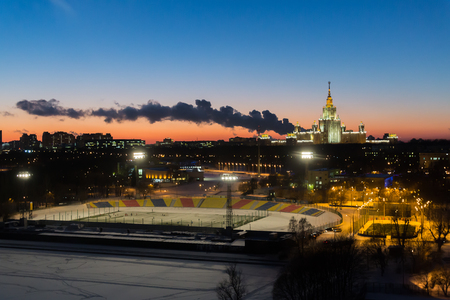 Evening city landscape. Moscow State University and stadium.の写真素材