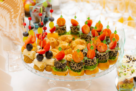 Buffet with meat, fish and vegetable delicacies snacks. restaurant business. Catering.の写真素材