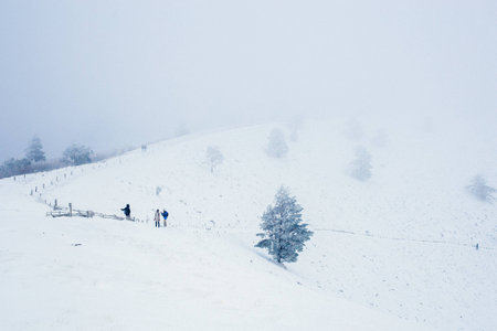 Snow moutain landscape during winter at Puy-du-Pariou, in Auvergne, Franceの写真素材