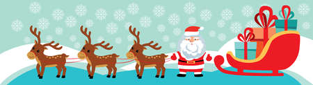 Santa Claus with sleigh and gifts and three reindeer in snowy weather. vector. Vector illustrationのイラスト素材