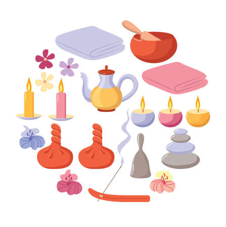 Elements, collection for massage, meditation, oil, herbal bags, power stones, aroma burning smoldering sticks, bell ring, towels, candles, flowers, singing bowl. Images of high professional quality.のイラスト素材