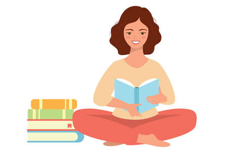 The woman is sitting reading a book studying at home Premium vectorのイラスト素材
